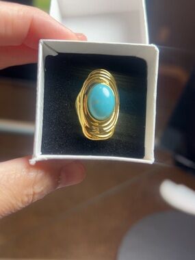Gold-Plated Ring with Turquoise Cabochon - Women's Fashion Jewelry